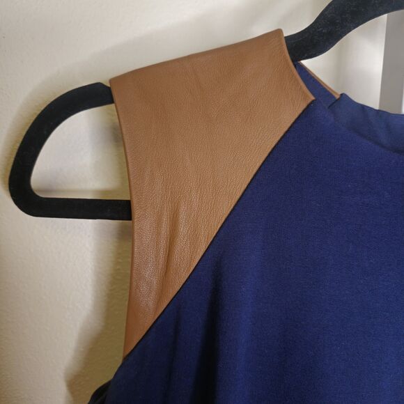 Lauren Ralph Lauren Women's 4 Blue Sheath Dress Leather Shoulder Trim Sleeveless - Picture 6 of 13